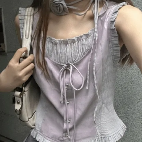 [세트/당일출고] 버블 코사지 퍼플 타이 민소매 블라우스