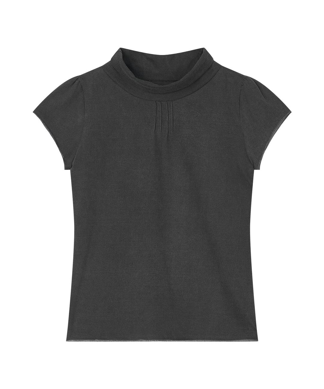 HALF-NECK PINTUCK SHORT SLEEVE T-SHIRT (CHARCOAL)