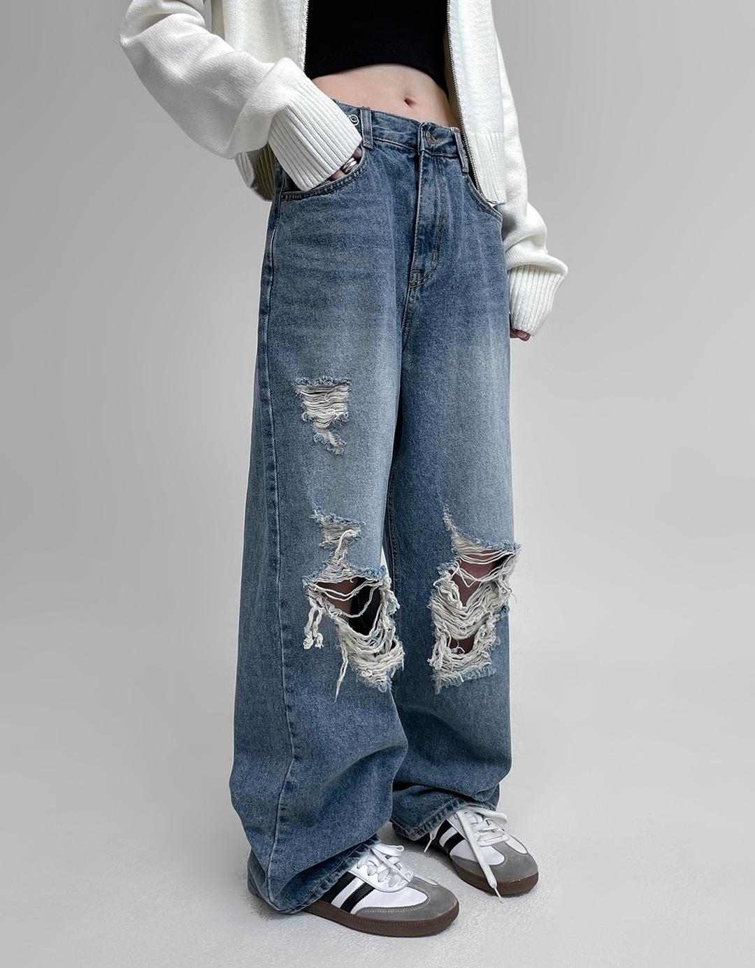 퍼피 비죠 데미지 데님팬츠