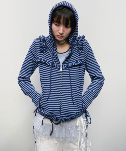 Ruffled Stripe Zip Hoodie [Blue]