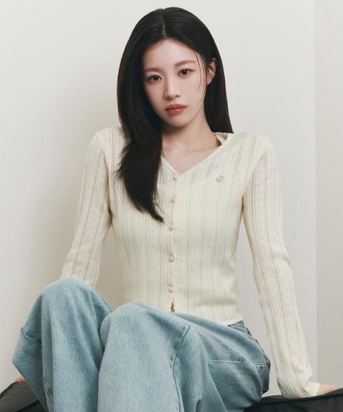 W V-NECK CROCHET KNIT CARDIGAN ivory