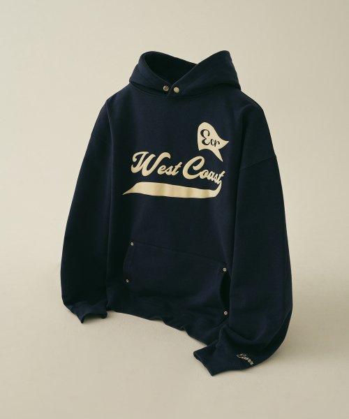 이코르(ECORR)  웨스트 코스트 볼륨 프린트 후드티_네이비 - 사이즈 & 후기 | 무신사