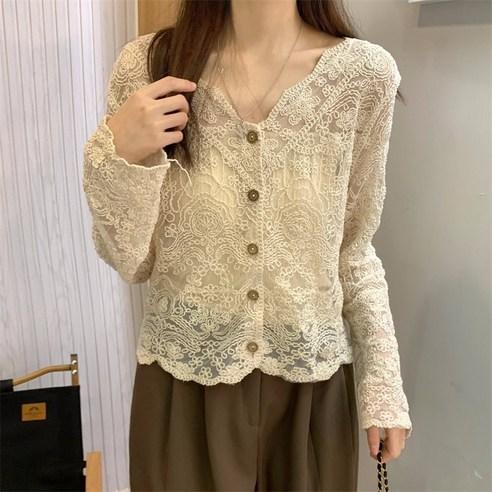 IBOY UGIRL XU0075C 여성 긴 소매 펀칭 레이스 가디건