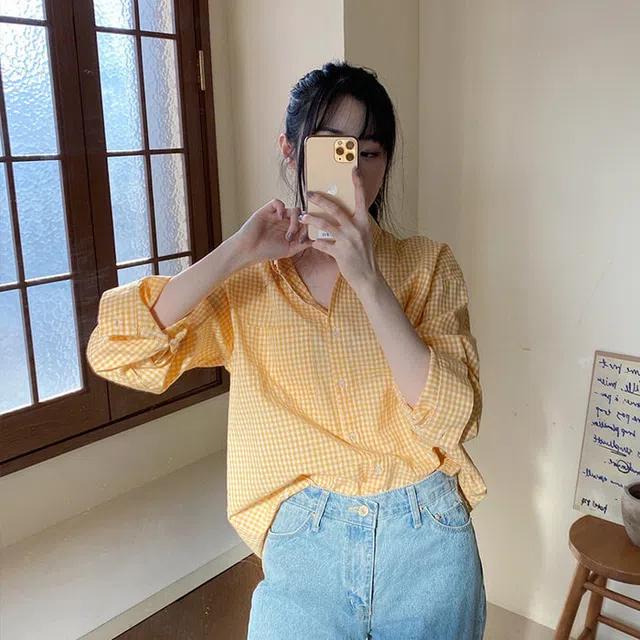 사각 미니체크 루즈핏 여자 긴팔 남방