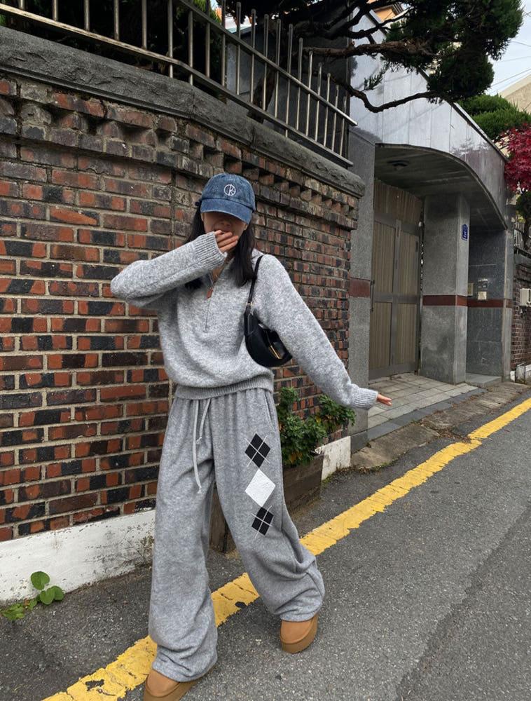 멜란 아가일 투웨이 후들 니트 팬츠 (2color)