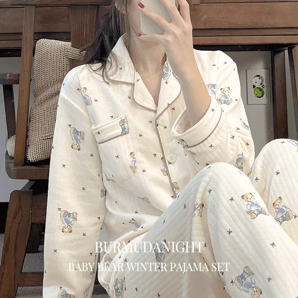 [💌당일/누빔] 귀여워 베이비 곰돌이 누빔 베이지 아이보리 테디베어 포켓 셔츠 겨울 긴팔 파자마 잠옷 세트 #B.Night #3049