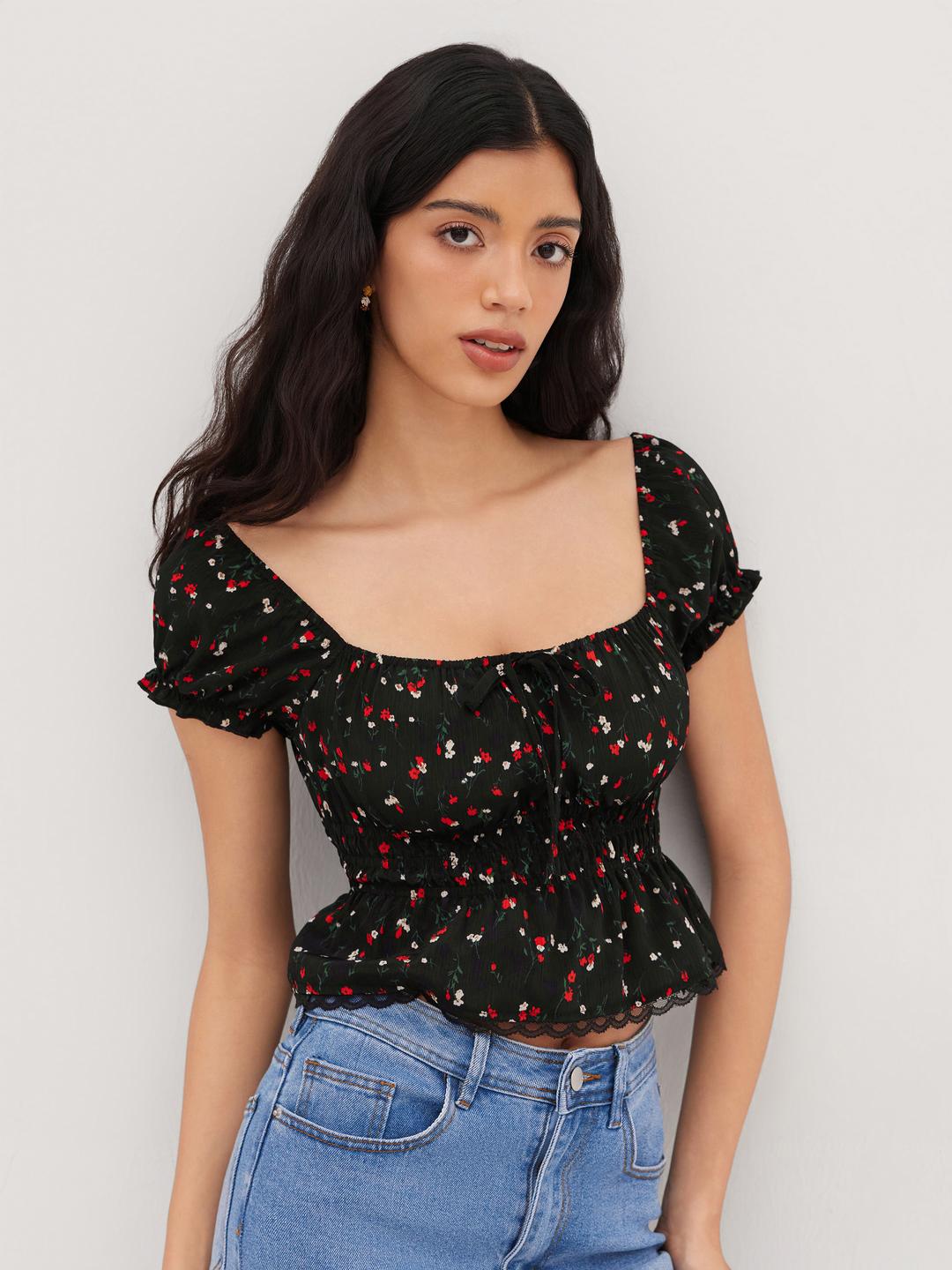 Square Neck Ditsy Floral Lettuce Trim Top