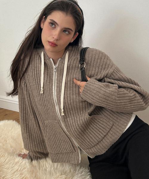 에센셜 리브드 니트 후드 집업-베이지