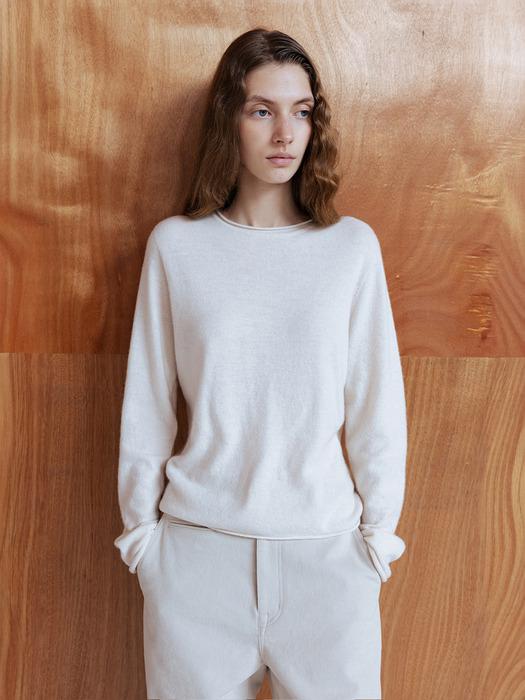CASHMERE BLEND ROUND NECK FITTED KNIT TOP - CREAM