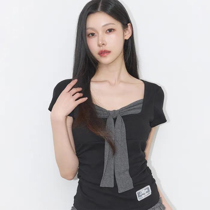 레이어드 리본 타이 티셔츠 블랙