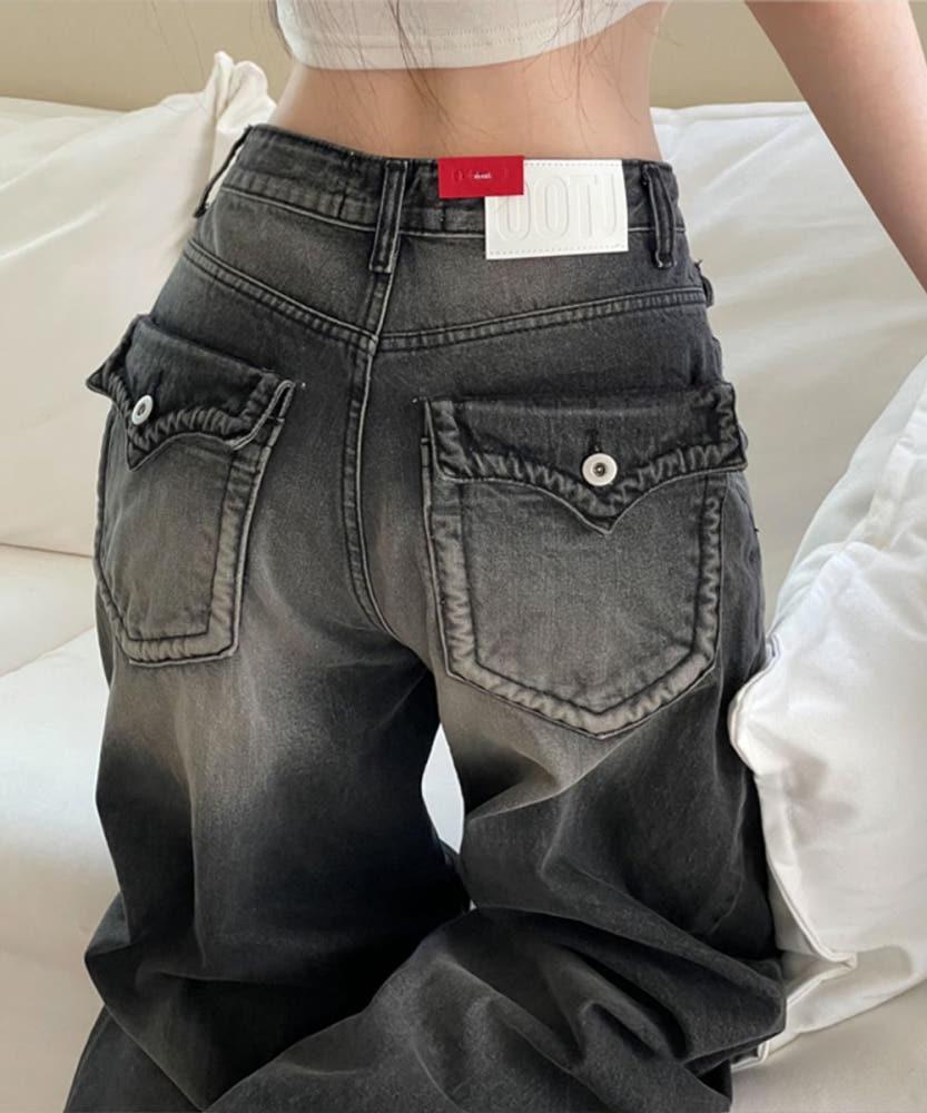 (OOTJ)린지 포켓 와이드 데미지 롱 블랙 데님 팬츠 one color/2 Size