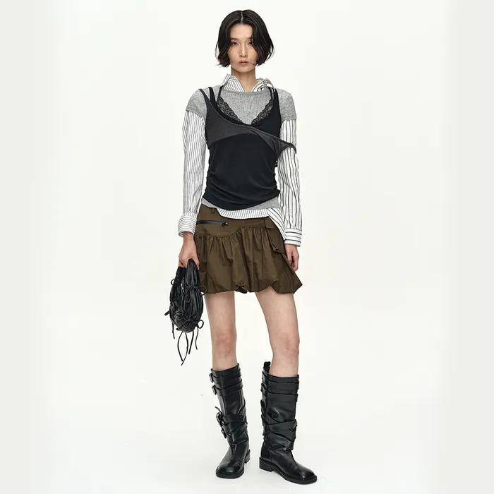 UPSIDE-DOWN LAYERED T-SHIRT atb1556w(GREY/BLACK)