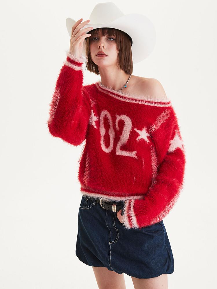 문수권세컨 비대칭 넥 숏 스웨터 레드