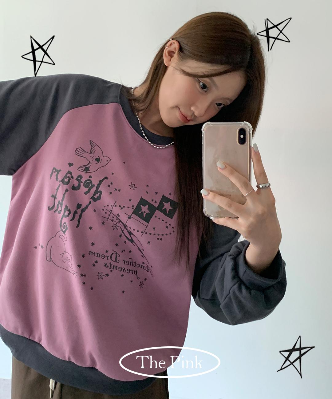 더핑크 [색감깡패/아방핏] 유콘 오버핏 나그랑 배색 프린팅 맨투맨 (4color)