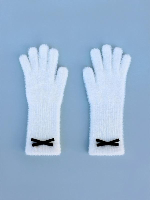 FUZZY RIBBON FINGER HOLE GLOVES - WHITE