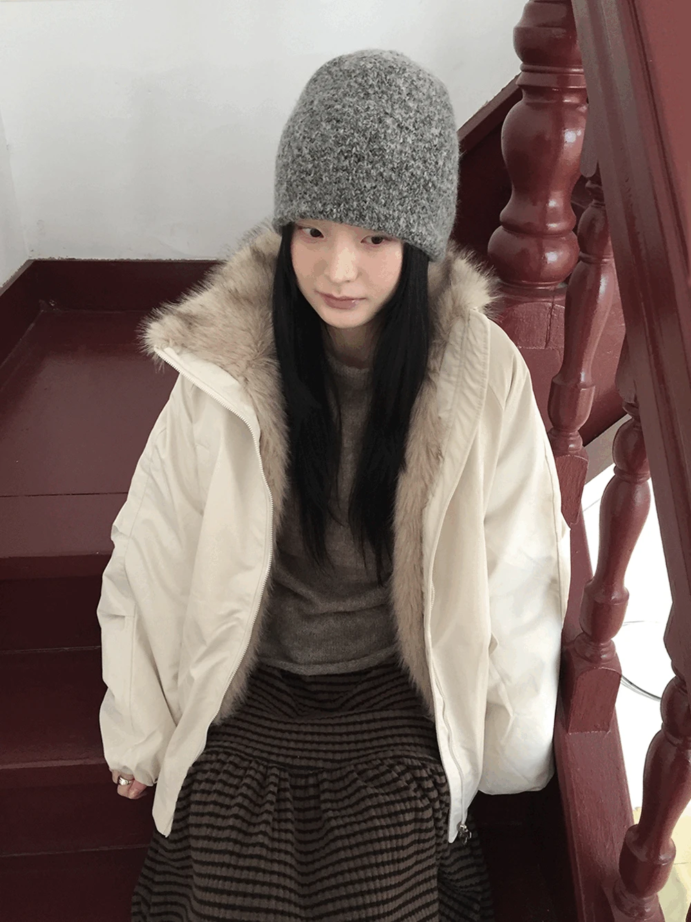 온트 스트링 퍼 패딩 점퍼 (3c)