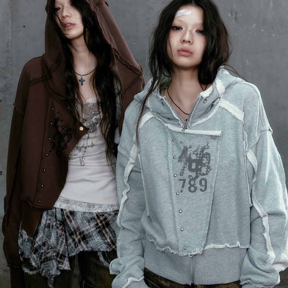 Cest Nous 후드집업 raw edge splicing 빈티지 크롭 루즈핏 후드티