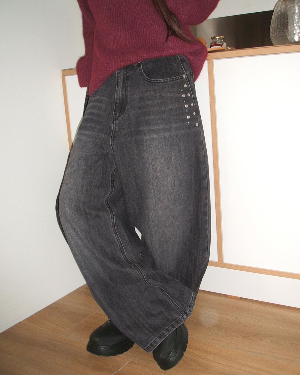 원더원더 [얼리버드15%/MADE/스터드💗] 엔티 스터드 포켓 벌룬핏 워싱 데님 롱 팬츠