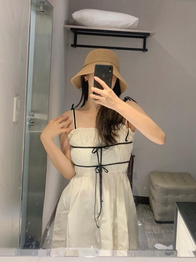 하이디 배색 리본 스모크밴딩 롱원피스