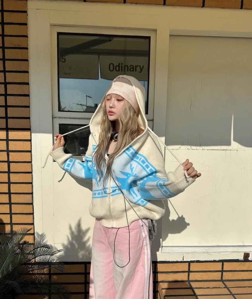 Nordic knit hooded zip-up