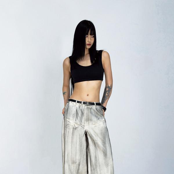 stain-brushed straight-leg wide-leg jeans