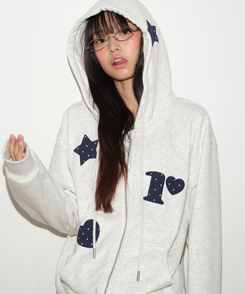 FIGURE SHAPE APPLIQUE HOODED ZIP UP WHITE MELANGE