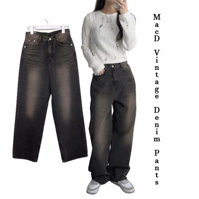 [힙한핏!/빈티지색감]맥디 빈티지 브라운 흑청 워싱 오버핏 데님 팬츠