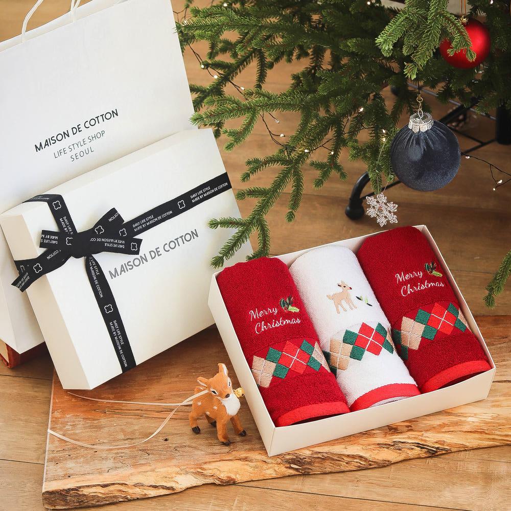 [3매]메종드코튼 크리스마스 타올 [리본+쇼핑백 포함]수건 선물세트 데일리라이프스타일