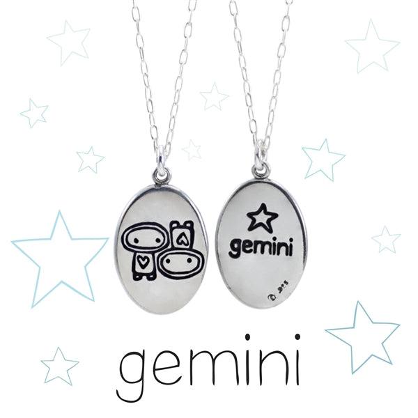 Oval Sterling Silver Gemini Necklace on Adjustable Sterling Chain - Astrology Charms