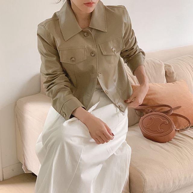 *최저가[은은광택!/트렌디/3color] 레더 포켓 카라 버튼 스탠다드핏 크롭 자켓 라이더자켓 가죽자켓/노제레더크롭자켓