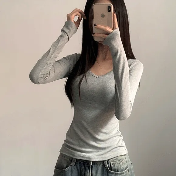[기모추가/사이즈추가] 허리잘록 넉넉 슬림핏 쫀쫀 테일 레이온 브이넥 긴팔 티셔츠