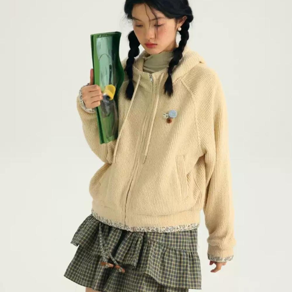 ODD MAKER 니트 후드가디건 꽃무늬 포인트 캐주얼 후드집업