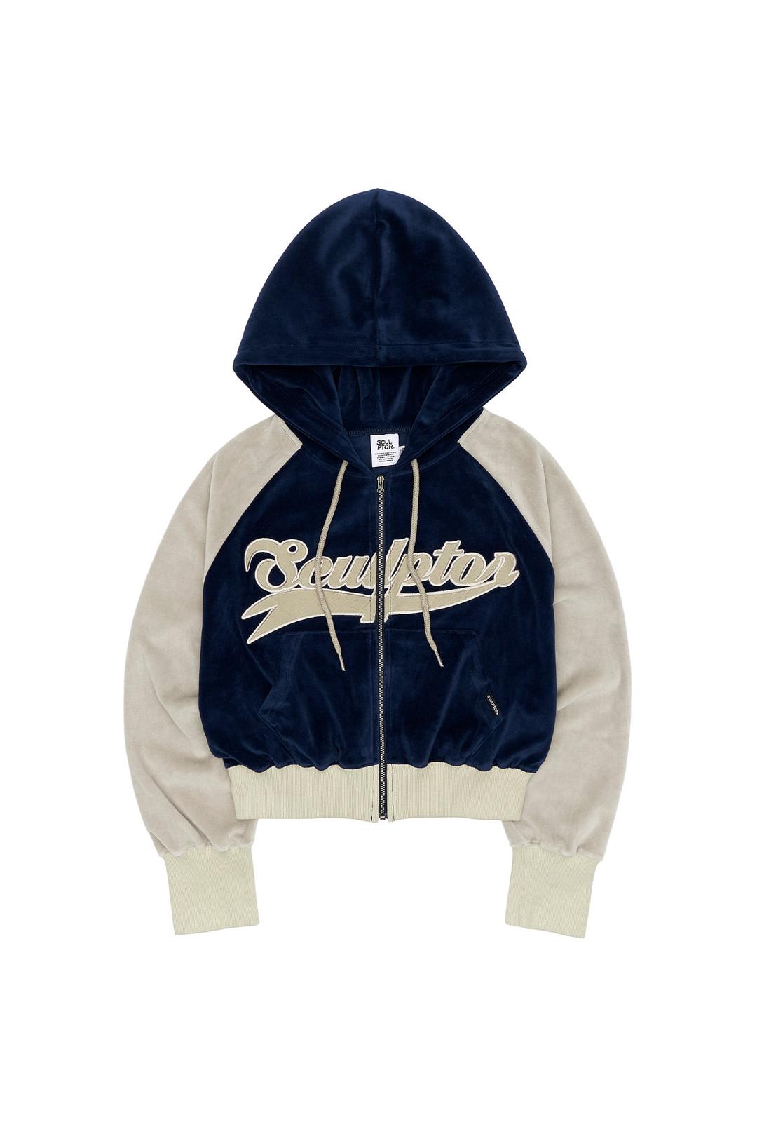 Velour Track Zip-Up Hoodie Navy/Gray