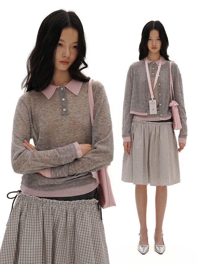 Moromoro2 Color-Blocked Knit Polo Cardigan/Shirt