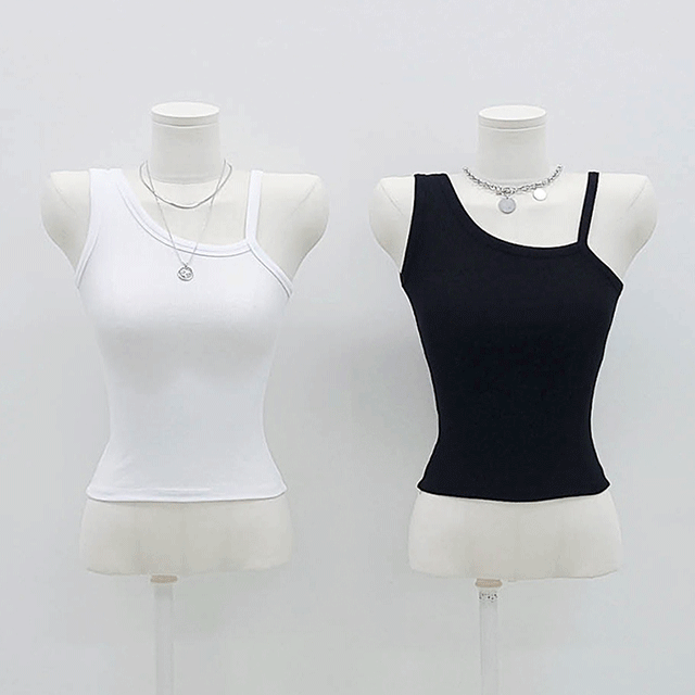 [1+1할인/섹시/착붙/쫀쫀/유니크/꾸안꾸/힙] 미즈 슬림핏 스판 골지 언발 트임 끈 원 오프숄더 댄스 이너 레이어드 크롭 나시티