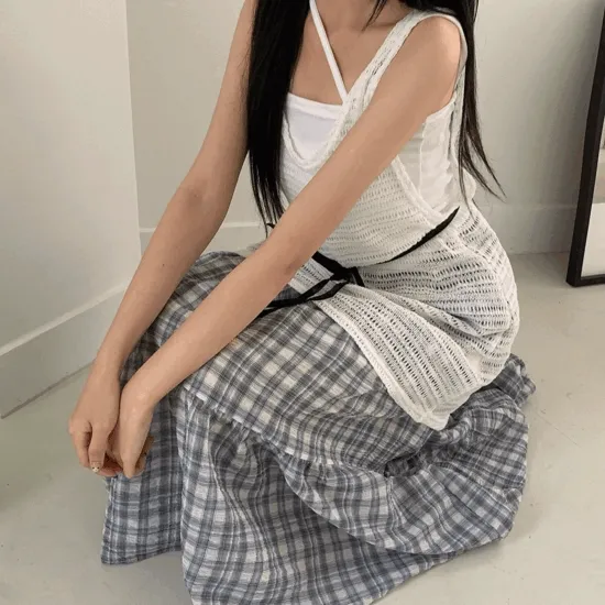 [누적1백장돌파!/3color] 체크 캉캉 플레어 롱 스커트