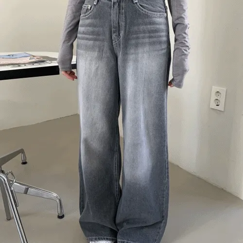 뒷 절개 그레이진 와이드 데님 팬츠