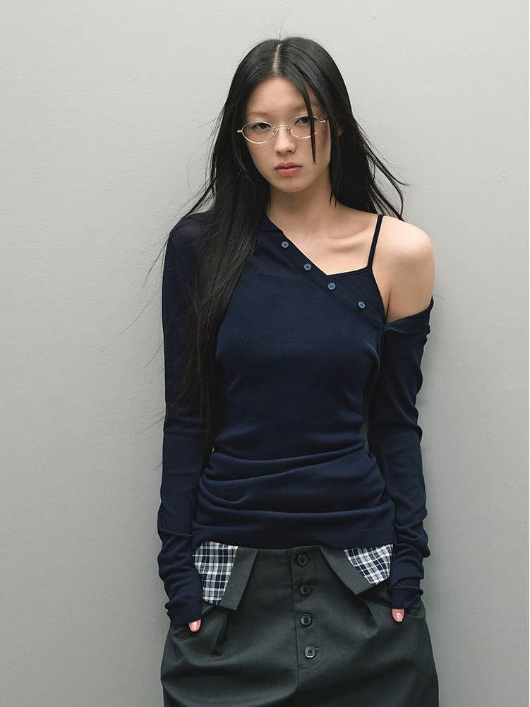 [LaLuneDuCiel] Unbalance Slit Long Sleeve Knit