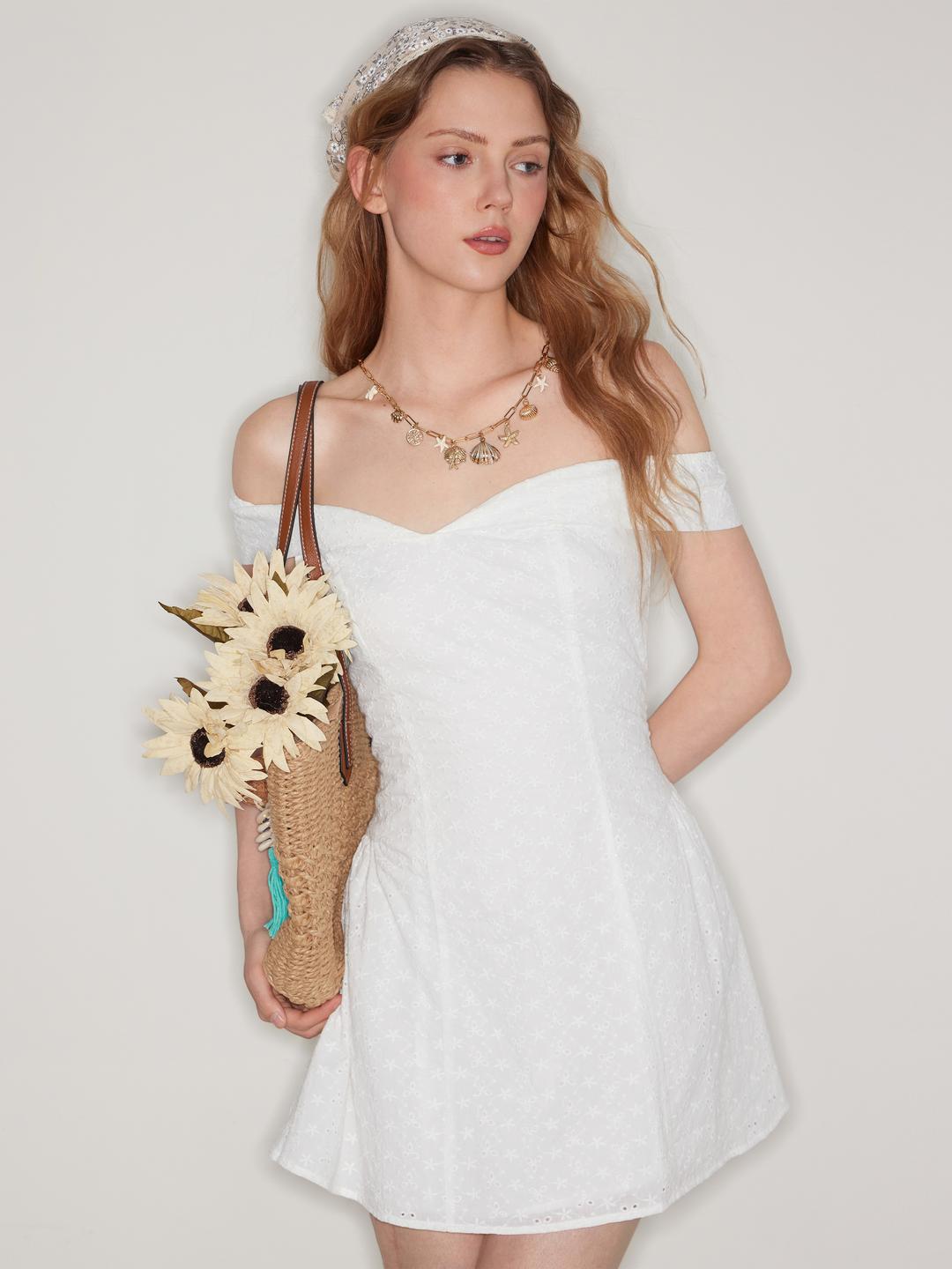 Broderie Anglaise 100% Cotton Off-shoulder Solid Mini Dress