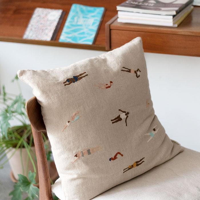 SWIMMERS EMBROIDERED CUSHION COVER