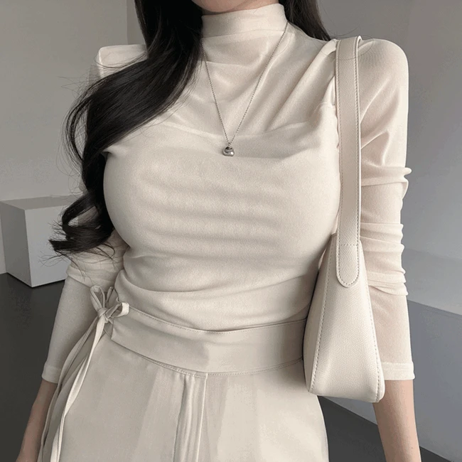 [살안타템🌞] 가나다란 리끌레 부드러운 반목 배색 레이어드 시스루 스판 긴팔 티셔츠 3color