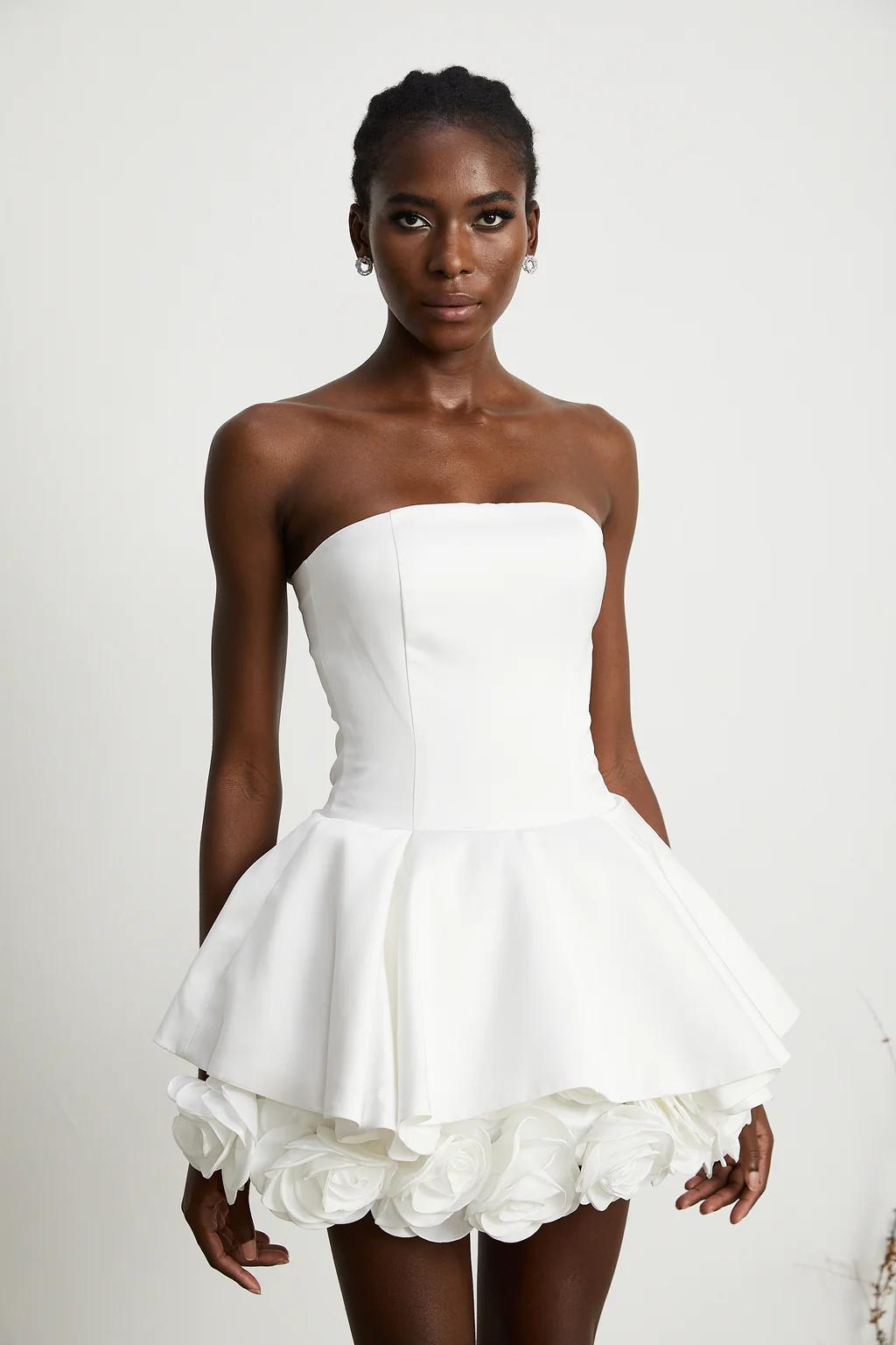 Lucie white petal-layered strapless corset mini dress