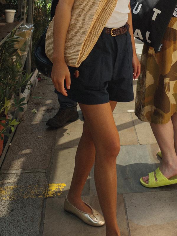 ALBION GARDEN RAMIE-COTTON BLEND SHORTS, INDIGO