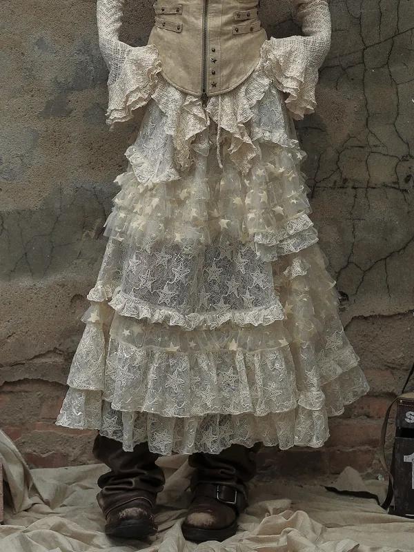 [$134.00]Apricot Vintage High Waist Romantic Stars Pattern Lace Skirt