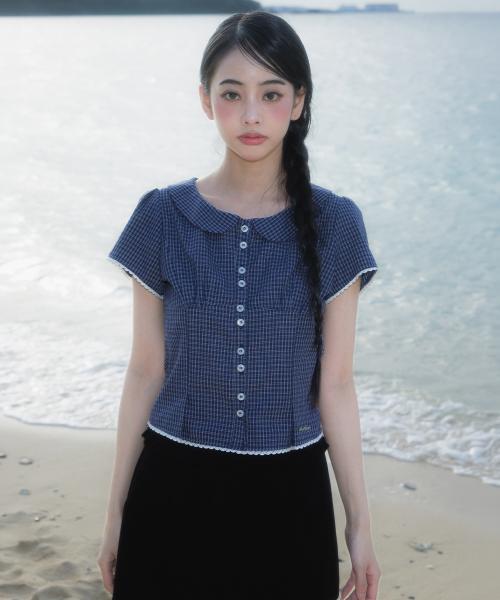 Round Collar Short Sleeve Blouse [Navy]