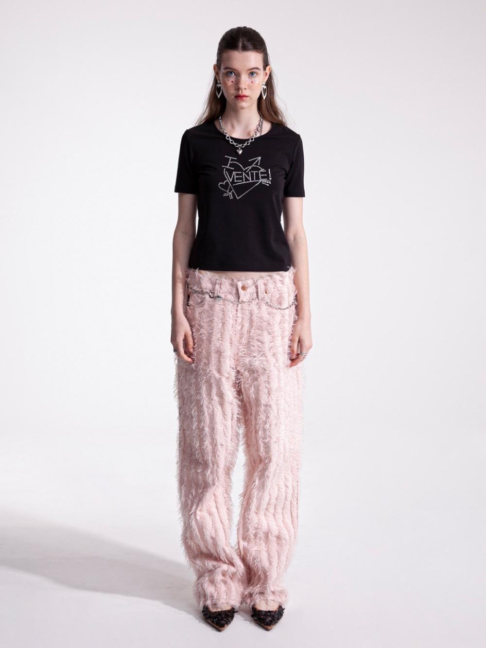 Fake feather 5 pocket pants in indigo pink