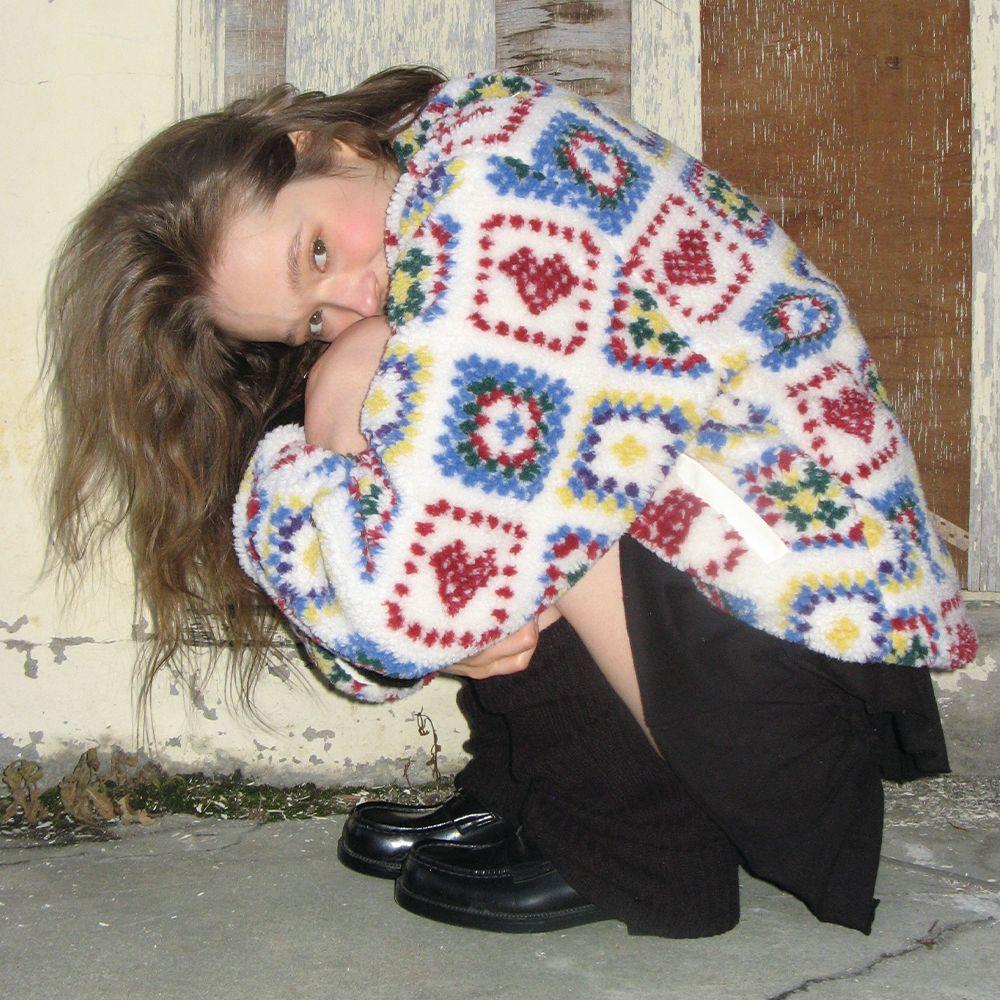 HEART CROCHET PATTERN FLEECE JACKET IVORY
