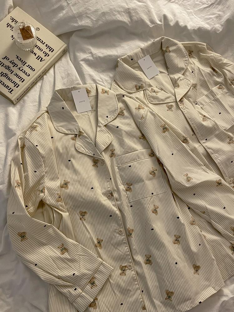 하트 스트라이프 베어 커플 잠옷 세트 투피스 귀여운 파자마 빅사이즈