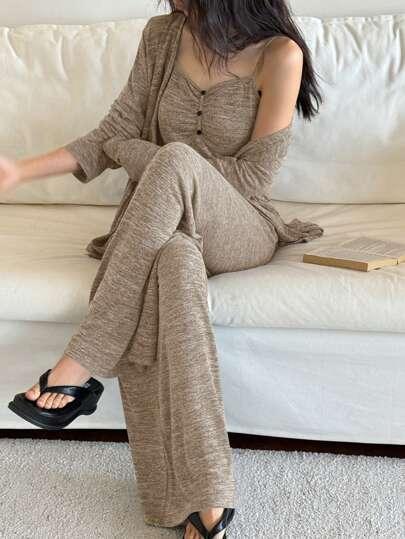 DAZY 3pcs Soft Knit Fabric Cardigan, Camisole & Pants Homewear Set