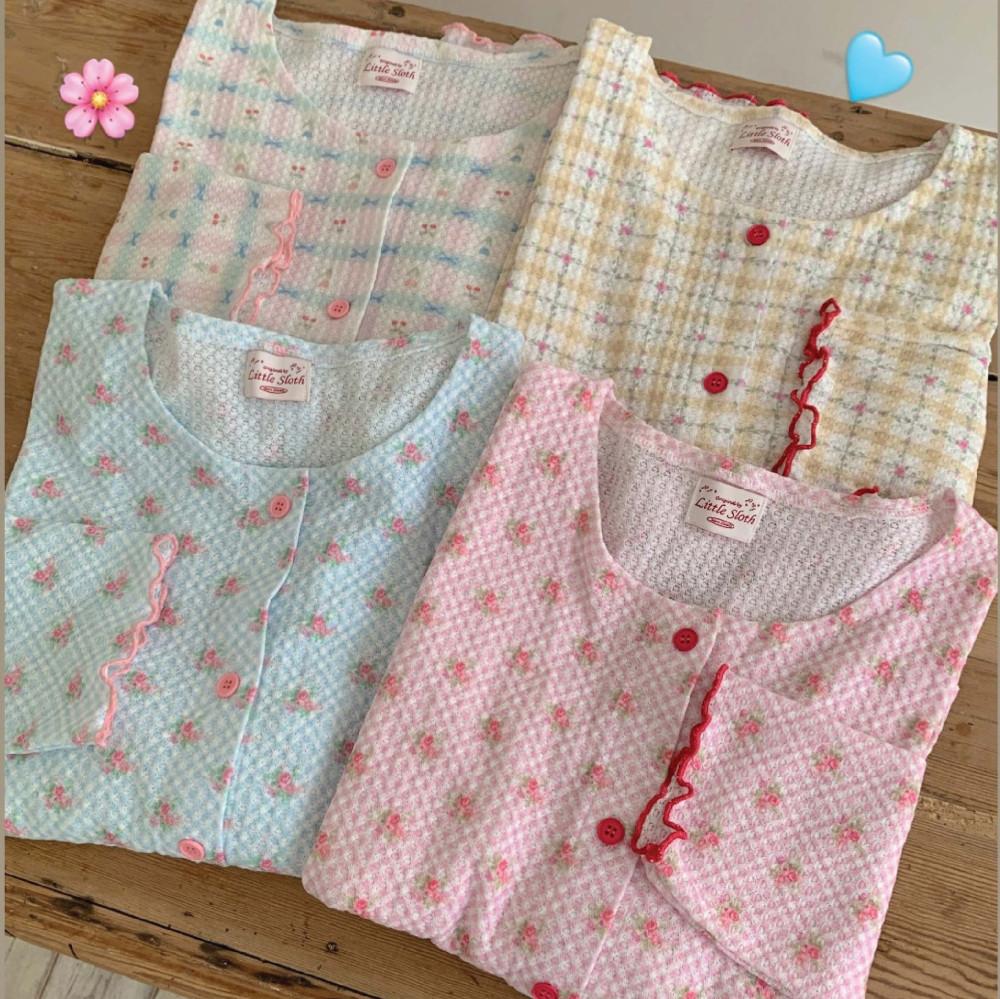 [made] 슬로스 아일렛 파자마 긴팔 반바지 셋트 주머니 잠옷 플라워 체크 배색 선물